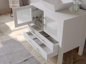 Cambridge Plumbing Vanity Cambridge Plumbing 8111W 36 Inch Solid Wood Bathroom Vanity Set, White Finish with White Porcelain Vessel Sink, Includes Faucet, Drain and Mirror
