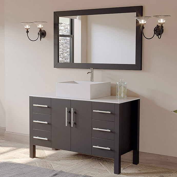Cambridge Plumbing Vanity Cambridge Plumbing 8116 48 Inch Solid Wood Bathroom Vanity Set, Espresso Finish with White Porcelain Vessel Sink, Includes Faucet, Drain and Mirror