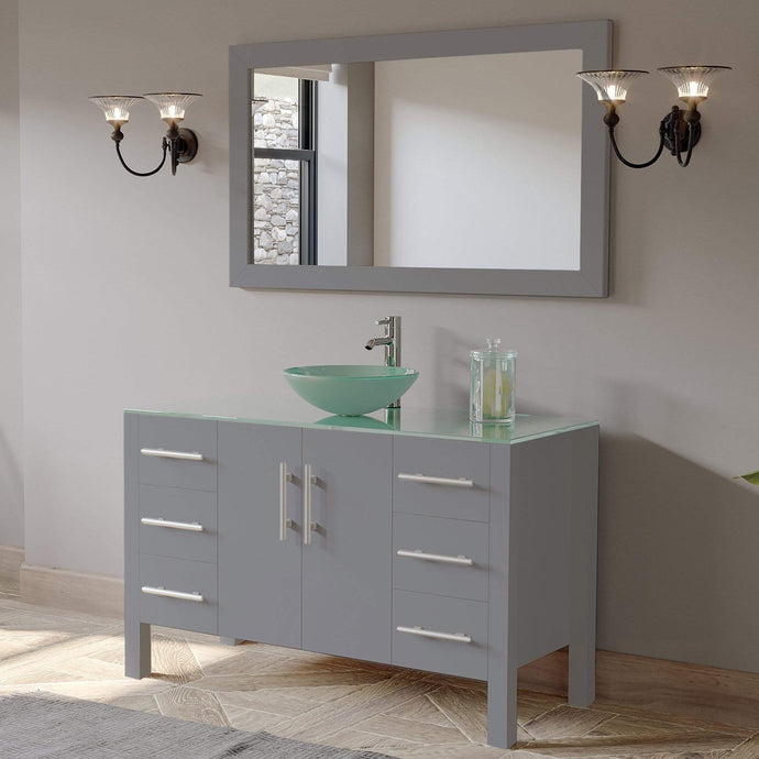 Cambridge Plumbing Vanity Cambridge Plumbing 8116B 48 Inch Solid Wood Bathroom Vanity Set, Gray Finish with Glass Countertop and Sink, Includes Faucet, Drain and Mirror