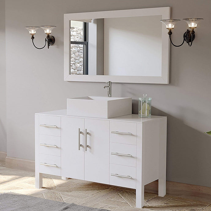 Cambridge Plumbing Vanity Cambridge Plumbing 8116W 48 Inch Solid Wood Bathroom Vanity Set, White Finish with White Porcelain Vessel Sink, Includes Faucet, Drain and Mirror