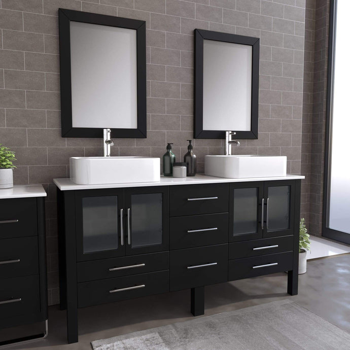 Cambridge Plumbing Vanity Cambridge Plumbing 8119 Complete 63 Inch Solid Wood Bathroom Vanity Set, Espresso Finish with White Porcelain Countertop and Sink, Includes Faucet, Drain and Matching Vanity Mirror