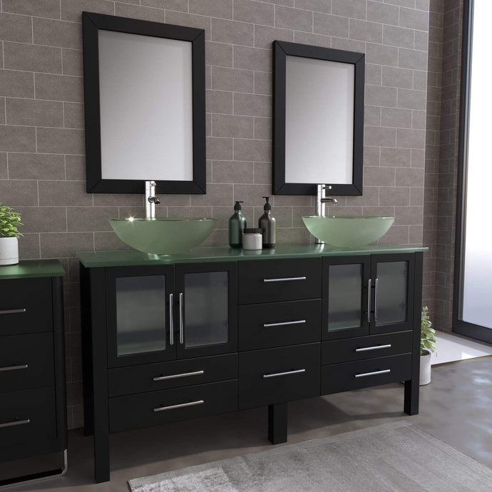 Cambridge Plumbing Vanity Cambridge Plumbing 8119B Complete 63 Inch Solid Wood Bathroom Vanity Set, Espresso Finish with Tempered Glass Countertop and Sink, Includes Faucet, Drain and Matching Vanity Mirror