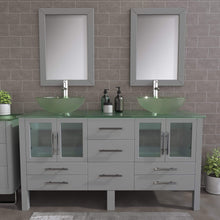 Load image into Gallery viewer, Cambridge Plumbing Vanity Cambridge Plumbing 8119B-G 63 Inch Solid Wood Bathroom Double Vanity Set, Gray Finish, Tempered Glass Countertop Includes Sinks, Faucet, Drain and Mirrors