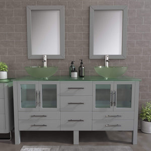 Cambridge Plumbing Vanity Cambridge Plumbing 8119B-G 63 Inch Solid Wood Bathroom Double Vanity Set, Gray Finish, Tempered Glass Countertop Includes Sinks, Faucet, Drain and Mirrors