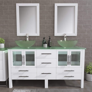 Cambridge Plumbing Vanity Cambridge Plumbing 8119BW Complete 63 Inch Solid Wood Bathroom Vanity Set, White Finish with Tempered Glass Countertop and Sink, Includes Faucet, Drain and Matching Vanity Mirror