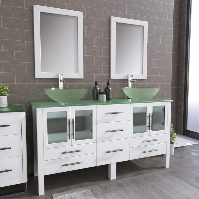 Cambridge Plumbing Vanity Cambridge Plumbing 8119BW Complete 63 Inch Solid Wood Bathroom Vanity Set, White Finish with Tempered Glass Countertop and Sink, Includes Faucet, Drain and Matching Vanity Mirror