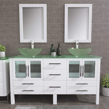 Load image into Gallery viewer, Cambridge Plumbing Vanity Cambridge Plumbing 8119BW Complete 63 Inch Solid Wood Bathroom Vanity Set, White Finish with Tempered Glass Countertop and Sink, Includes Faucet, Drain and Matching Vanity Mirror