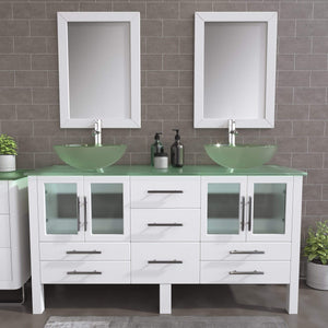 Cambridge Plumbing Vanity Cambridge Plumbing 8119BW Complete 63 Inch Solid Wood Bathroom Vanity Set, White Finish with Tempered Glass Countertop and Sink, Includes Faucet, Drain and Matching Vanity Mirror