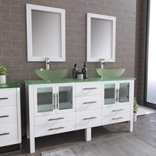 Load image into Gallery viewer, Cambridge Plumbing Vanity Cambridge Plumbing 8119BW Complete 63 Inch Solid Wood Bathroom Vanity Set, White Finish with Tempered Glass Countertop and Sink, Includes Faucet, Drain and Matching Vanity Mirror