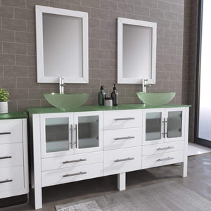 Cambridge Plumbing Vanity Cambridge Plumbing 8119BXLW 72 Inch Solid Wood Bathroom Vanity Set, White Finish with Tempered Glass Countertop and Sinks, Includes Faucet, Drain and  Mirrors