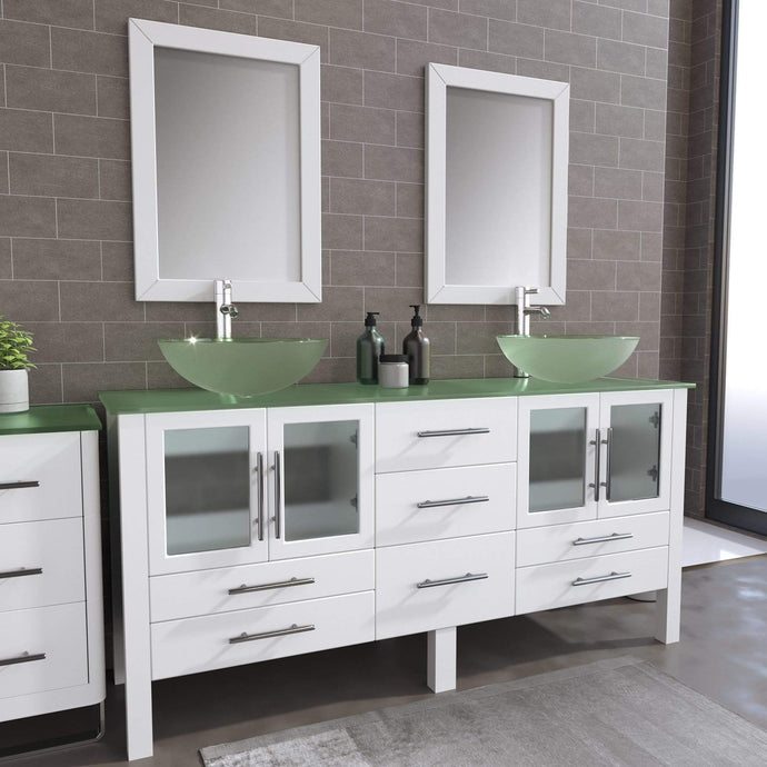 Cambridge Plumbing Vanity Cambridge Plumbing 8119BXLW 72 Inch Solid Wood Bathroom Vanity Set, White Finish with Tempered Glass Countertop and Sinks, Includes Faucet, Drain and  Mirrors