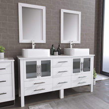 Load image into Gallery viewer, Cambridge Plumbing Vanity Cambridge Plumbing 8119W Complete 64 Inch Solid Wood Bathroom Vanity Set, White Finish with White Porcelain Countertop and Sink, Includes Faucet, Drain and Matching Vanity Mirror