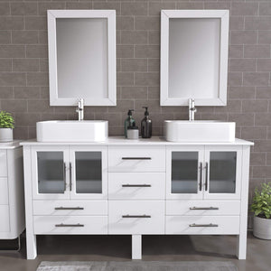 Cambridge Plumbing Vanity Cambridge Plumbing 8119W Complete 64 Inch Solid Wood Bathroom Vanity Set, White Finish with White Porcelain Countertop and Sink, Includes Faucet, Drain and Matching Vanity Mirror