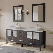 Load image into Gallery viewer, Cambridge Plumbing Vanity Cambridge Plumbing 8119XLF-BN 71 Inch Solid Wood Bathroom Vanity Is Compete with A White Porcelain Counter Top and Two Matching White Vessel Sinks, Two Mirrors, and Faucets and Drains