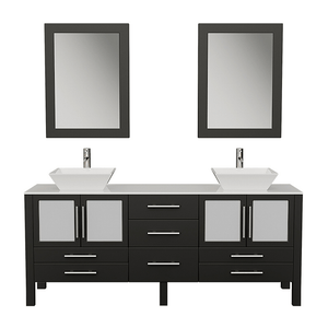 Cambridge Plumbing Vanity Cambridge Plumbing 8119XLF-BN 71 Inch Solid Wood Bathroom Vanity Is Compete with A White Porcelain Counter Top and Two Matching White Vessel Sinks, Two Mirrors, and Faucets and Drains