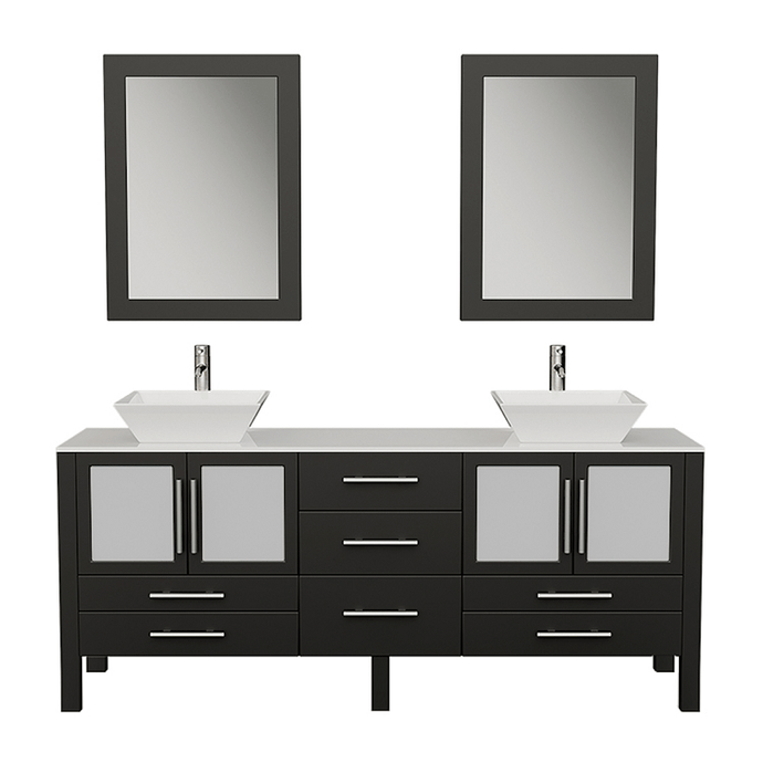 Cambridge Plumbing Vanity Cambridge Plumbing 8119XLF-BN 71 Inch Solid Wood Bathroom Vanity Is Compete with A White Porcelain Counter Top and Two Matching White Vessel Sinks, Two Mirrors, and Faucets and Drains