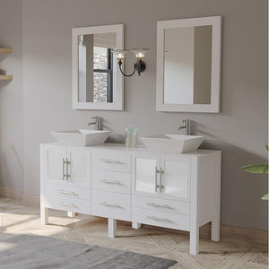 Cambridge Plumbing Vanity Cambridge Plumbing 8119XLWF-CP 71 Inch Solid Wood Vanity with A Porcelain Counter Top and Two Matching Vessel Sinks, Two Long-Stemmed Faucets and Drains