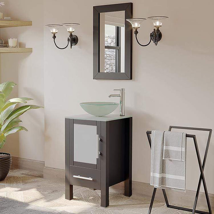 Cambridge Plumbing Vanity Cambridge Plumbing 8137B 18 Inch Solid Wood Bathroom Vanity Set, Espresso Finish with Glass Countertop and Sink, Includes Faucet, Drain and Mirror