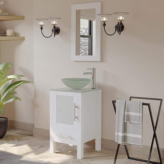 Cambridge Plumbing Vanity Cambridge Plumbing 8137BW 18 Inch Solid Wood Bathroom Vanity Set, White Finish with Glass Countertop and Sink, Includes Faucet, Drain and Mirror