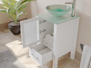 Cambridge Plumbing Vanity Cambridge Plumbing 8137BW 18 Inch Solid Wood Bathroom Vanity Set, White Finish with Glass Countertop and Sink, Includes Faucet, Drain and Mirror