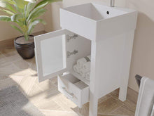 Load image into Gallery viewer, Cambridge Plumbing Vanity Cambridge Plumbing 8137W 18 Inch Solid Wood Bathroom Vanity Set, White Finish with White Porcelain Vessel Sink, Includes Faucet, Drain and Mirror