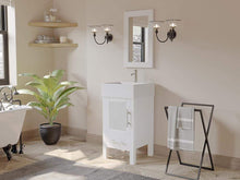Load image into Gallery viewer, Cambridge Plumbing Vanity Cambridge Plumbing 8137W 18 Inch Solid Wood Bathroom Vanity Set, White Finish with White Porcelain Vessel Sink, Includes Faucet, Drain and Mirror
