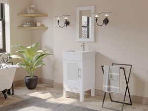 Cambridge Plumbing Vanity Cambridge Plumbing 8137W 18 Inch Solid Wood Bathroom Vanity Set, White Finish with White Porcelain Vessel Sink, Includes Faucet, Drain and Mirror