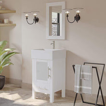 Load image into Gallery viewer, Cambridge Plumbing Vanity Cambridge Plumbing 8137W 18 Inch Solid Wood Bathroom Vanity Set, White Finish with White Porcelain Vessel Sink, Includes Faucet, Drain and Mirror