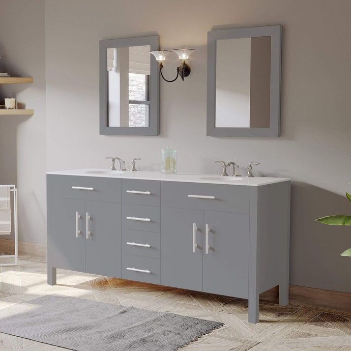 Cambridge Plumbing Vanity Cambridge Plumbing 8162G Complete 72 Inch Solid Wood Bathroom Vanity Set, Gray Finish with White Porcelain Countertop and Sink, Includes Faucet, Drain and Matching Vanity Mirror