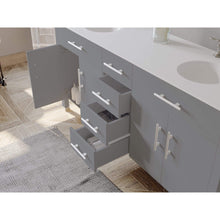 Load image into Gallery viewer, Cambridge Plumbing Vanity Cambridge Plumbing Complete 72 Inch Solid Wood Bathroom Vanity Set, Gray Finish with White Porcelain Countertop and Sink, Includes Faucet, Drain and Matching Vanity Mirror