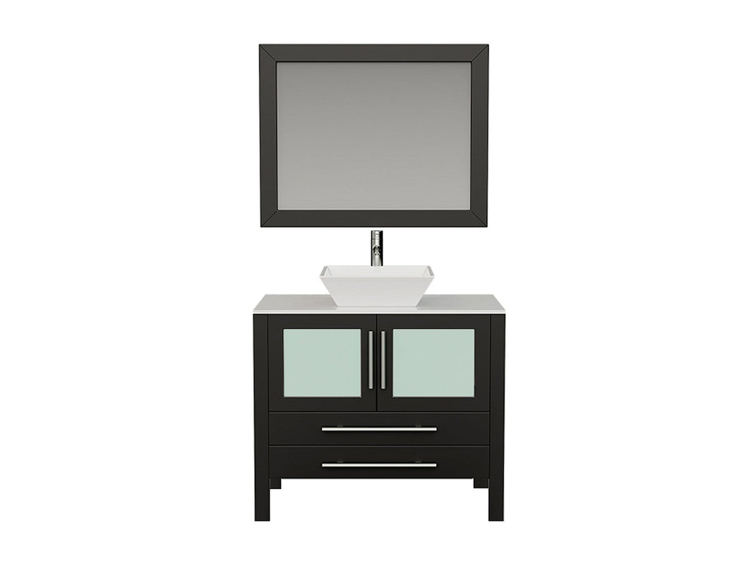 Cambridge Plumbing Vanity Polished Chrome Cambridge Plumbing 8111 36 Inch Solid Wood Bathroom Vanity Set, Espresso Finish with White Porcelain Vessel Sink, Includes Faucet, Drain and Mirror