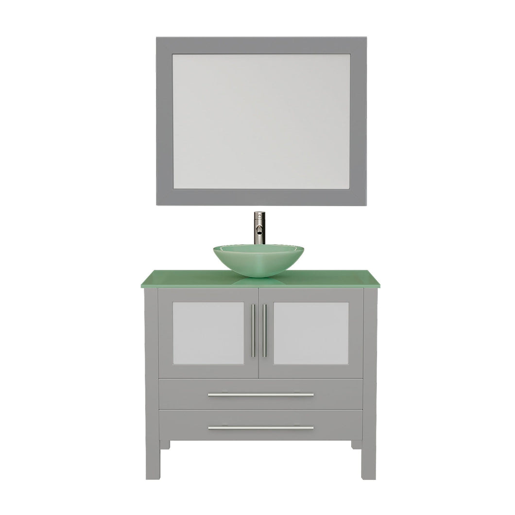 Cambridge Plumbing Vanity Polished Chrome Cambridge Plumbing 8111B-G 36 Inch Solid Wood Bathroom Vanity Set, Gray Finish with Glass Countertop and Sink, Includes Faucet, Drain and Mirror