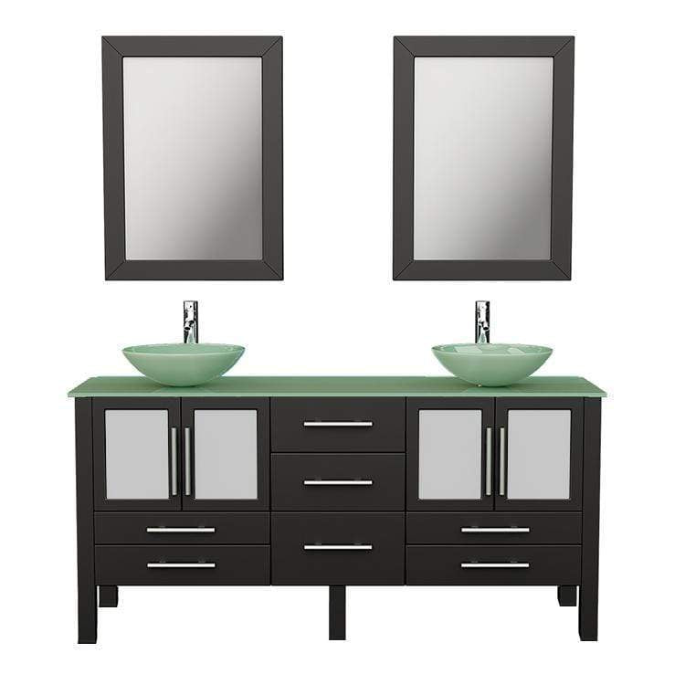 Cambridge Plumbing Vanity Polished Chrome Cambridge Plumbing 8119B Complete 63 Inch Solid Wood Bathroom Vanity Set, Espresso Finish with Tempered Glass Countertop and Sink, Includes Faucet, Drain and Matching Vanity Mirror