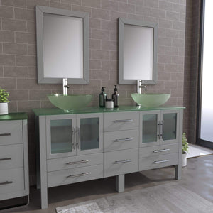 Cambridge Plumbing Vanity Polished Chrome Cambridge Plumbing 8119B-G 63 Inch Solid Wood Bathroom Double Vanity Set, Gray Finish, Tempered Glass Countertop Includes Sinks, Faucet, Drain and Mirrors