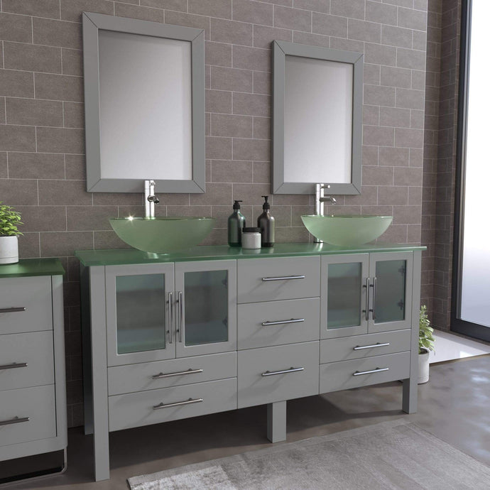 Cambridge Plumbing Vanity Polished Chrome Cambridge Plumbing 8119B-G 63 Inch Solid Wood Bathroom Double Vanity Set, Gray Finish, Tempered Glass Countertop Includes Sinks, Faucet, Drain and Mirrors
