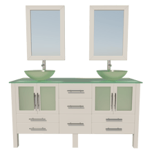 Load image into Gallery viewer, Cambridge Plumbing Vanity Polished Chrome Cambridge Plumbing 8119BW Complete 63 Inch Solid Wood Bathroom Vanity Set, White Finish with Tempered Glass Countertop and Sink, Includes Faucet, Drain and Matching Vanity Mirror