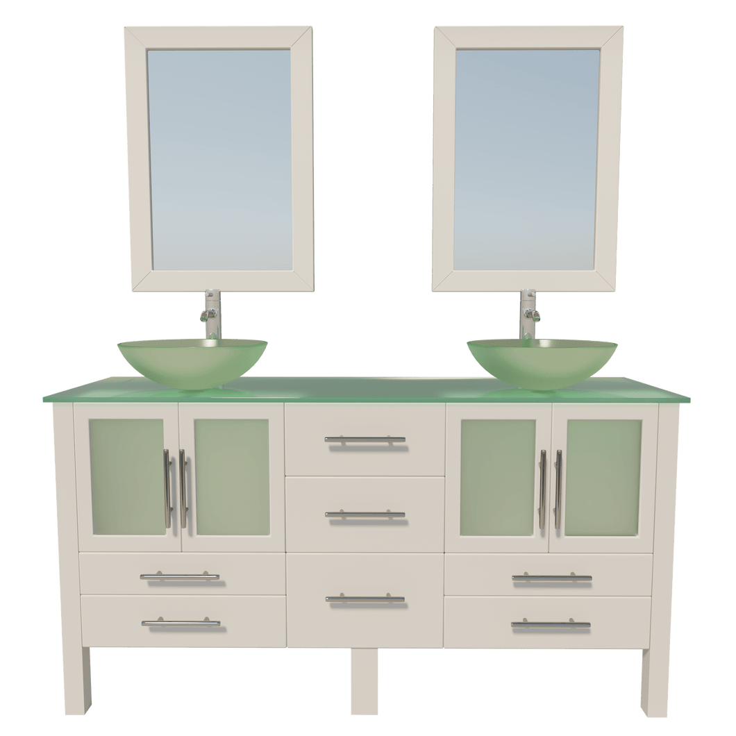 Cambridge Plumbing Vanity Polished Chrome Cambridge Plumbing 8119BW Complete 63 Inch Solid Wood Bathroom Vanity Set, White Finish with Tempered Glass Countertop and Sink, Includes Faucet, Drain and Matching Vanity Mirror