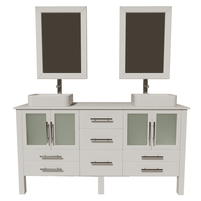 Cambridge Plumbing Vanity Polished Chrome Cambridge Plumbing 8119W Complete 64 Inch Solid Wood Bathroom Vanity Set, White Finish with White Porcelain Countertop and Sink, Includes Faucet, Drain and Matching Vanity Mirror