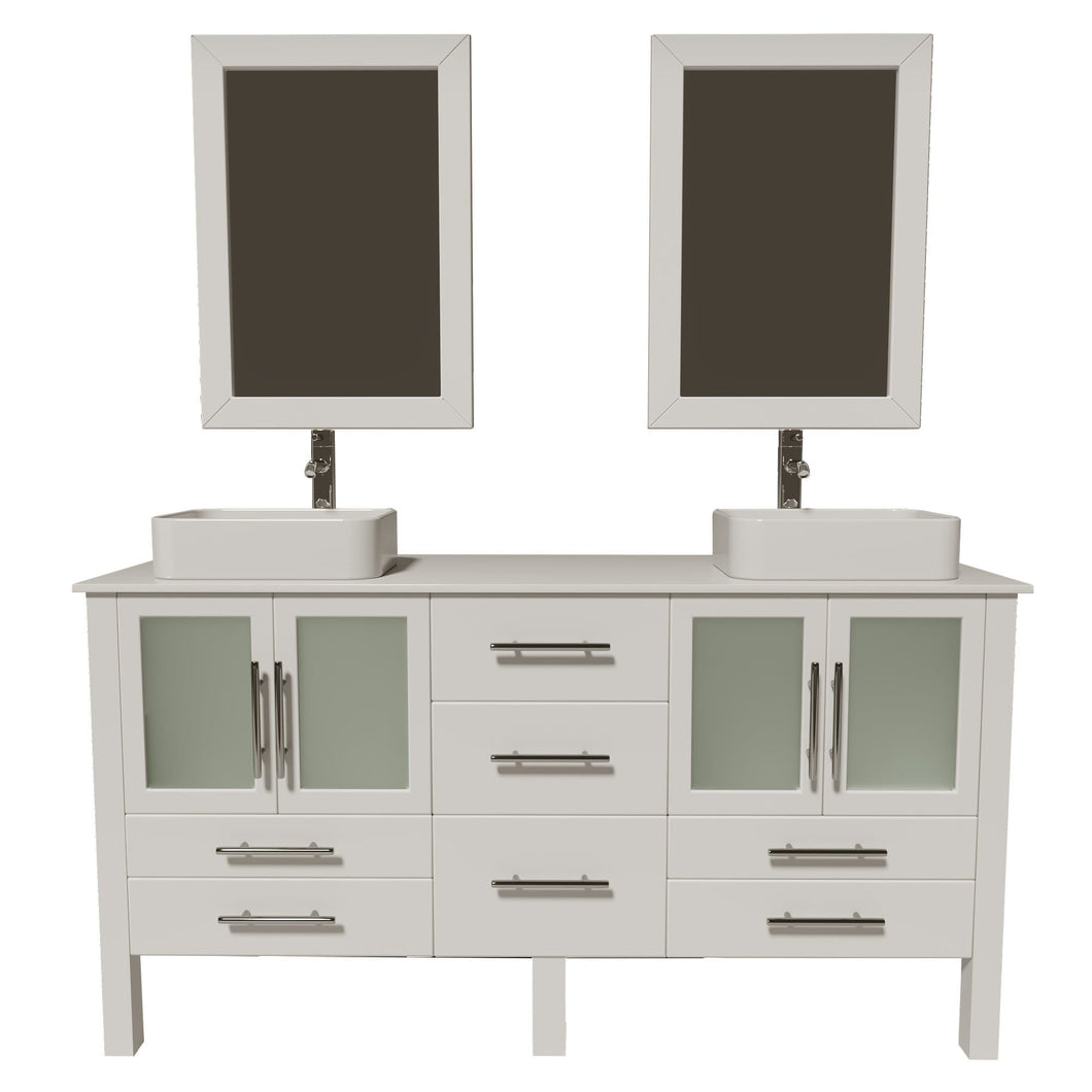 Cambridge Plumbing Vanity Polished Chrome Cambridge Plumbing 8119W Complete 64 Inch Solid Wood Bathroom Vanity Set, White Finish with White Porcelain Countertop and Sink, Includes Faucet, Drain and Matching Vanity Mirror