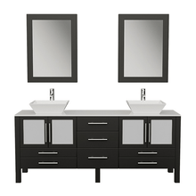 Load image into Gallery viewer, Cambridge Plumbing Vanity Polished Chrome Cambridge Plumbing 8119XLF-BN 71 Inch Solid Wood Bathroom Vanity Is Compete with A White Porcelain Counter Top and Two Matching White Vessel Sinks, Two Mirrors, and Faucets and Drains