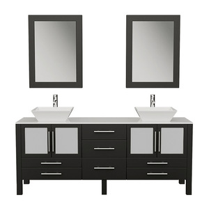 Cambridge Plumbing Vanity Polished Chrome Cambridge Plumbing 8119XLF-BN 71 Inch Solid Wood Bathroom Vanity Is Compete with A White Porcelain Counter Top and Two Matching White Vessel Sinks, Two Mirrors, and Faucets and Drains