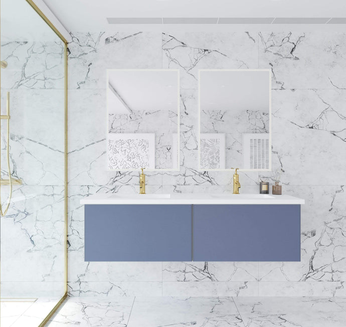LAVIVA Vanity LAVIVA 313VTR-60DNB-MW Vitri 60 - Nautical Blue Double Sink  Cabinet + Matte White VIVA Stone Solid Surface Double Sink Countertop