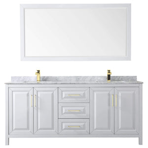 Sinks and Vanities Wyndham Collection WCV252580DWGCMUNSM70 Daria 80 Inch Double Bathroom Vanity in White, White Carrara Marble Countertop, Undermount Square Sinks, 70 Inch Mirror, Brushed Gold Trim