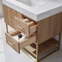 Load image into Gallery viewer, Vinnova Vanity Vinnova Alistair 36&quot; Single Vanity in North American Oak with White Grain Stone Countertop With Mirror