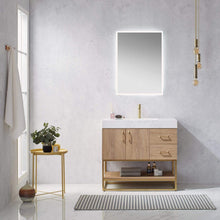 Load image into Gallery viewer, Vinnova Vanity Vinnova Alistair 36&quot; Single Vanity in North American Oak with White Grain Stone Countertop With Mirror