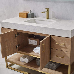 Vinnova Vanity Vinnova Alistair 48" Single Vanity in North American Oak with White Grain Stone Countertop With Mirror