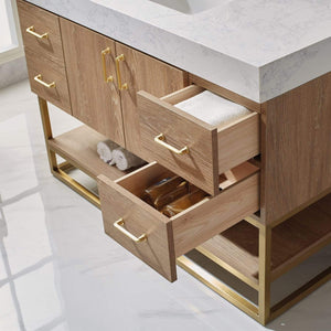 Vinnova Vanity Vinnova Alistair 48" Single Vanity in North American Oak with White Grain Stone Countertop With Mirror