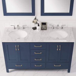 Vinnova Vanity Vinnova Gela 60" Double Vanity in Royal Blue with Carrara White Marble Countertop With Mirror