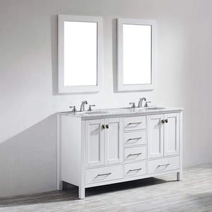 Vinnova Vanity Vinnova Gela 60" Double Vanity in White with Carrara White Marble Countertop With Mirror