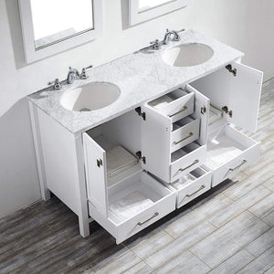 Vinnova Vanity Vinnova Gela 60" Double Vanity in White with Carrara White Marble Countertop With Mirror